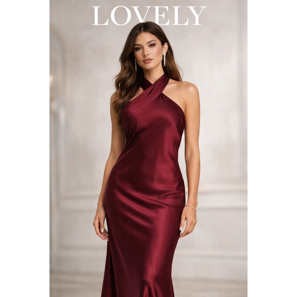 Lovely Cabernet Satin Halter Maxi Dress LB025 Crisscross Tie Back‎ Formal Gown S